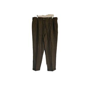 Tehama Mens Linen Blend Pleated Front Pants 38x30 Brown Olive Cuffed Hem Quiet L